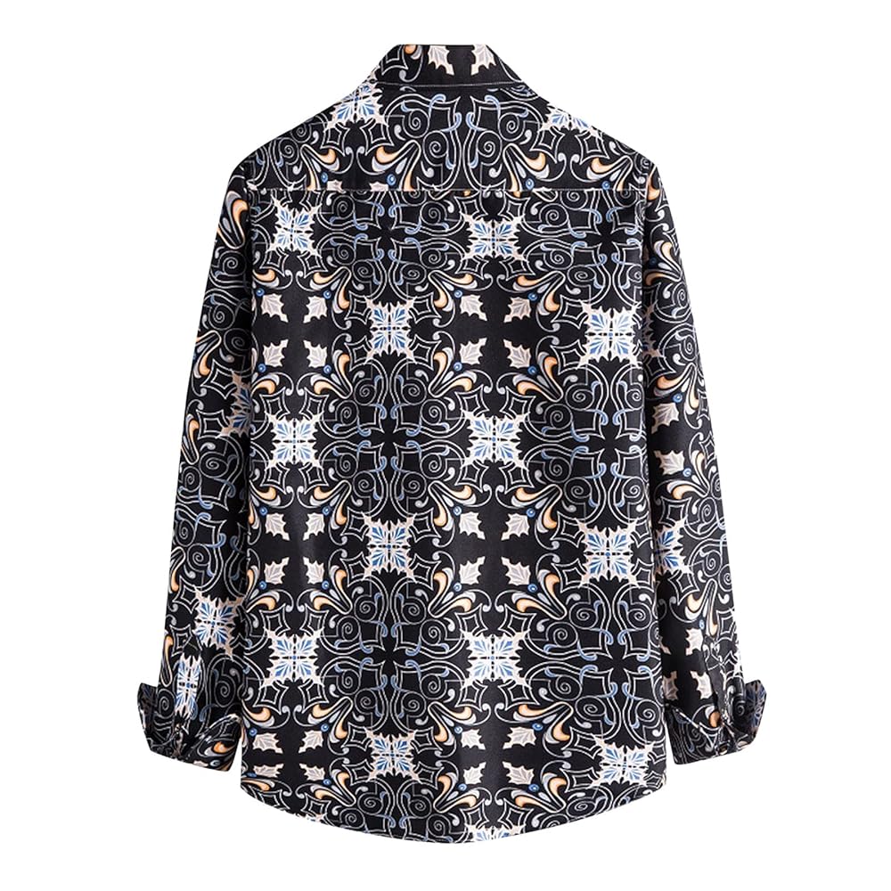 トップス Vintage monochrome allover pattern shirt Long Sleeve Shirts for Men Vintage Floral Print Casual